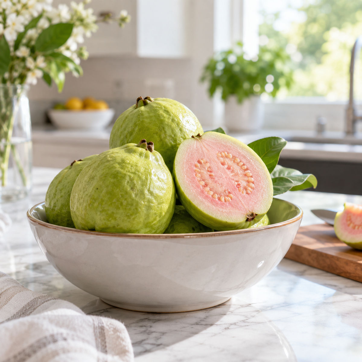 Fresh Guava in a bright kitchen setting
